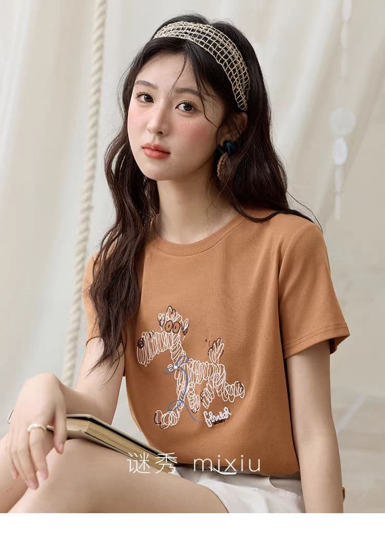 높은 품질 1 1 리브 면 새로운 강아지 디자인 센스 반팔 티셔츠 여성 여름 상세 이미지 5