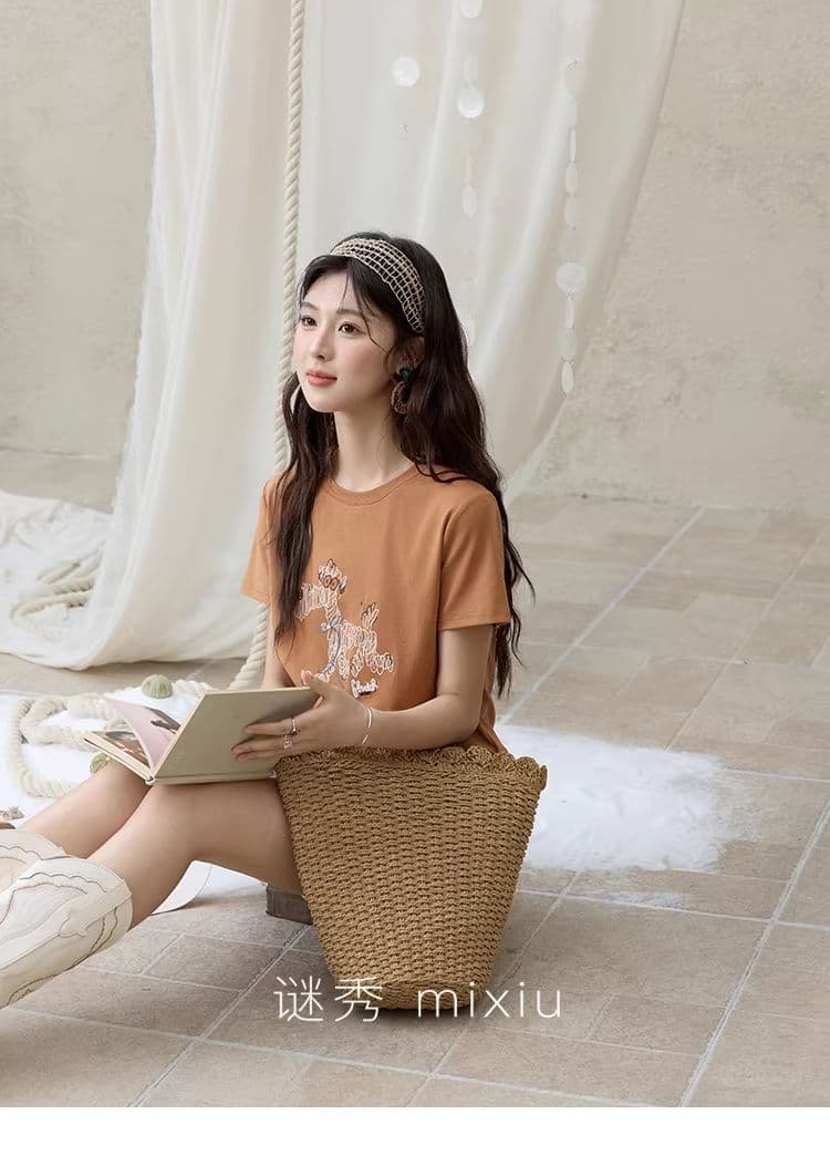 높은 품질 1 1 리브 면 새로운 강아지 디자인 센스 반팔 티셔츠 여성 여름 상세 이미지 6