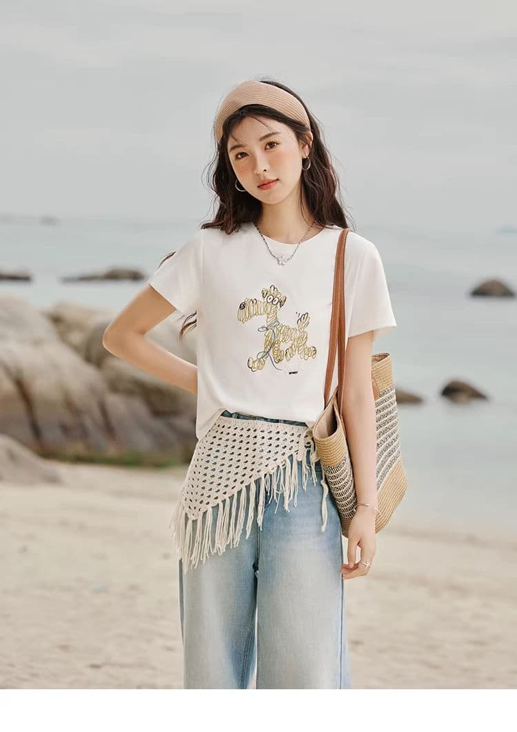 높은 품질 1 1 리브 면 새로운 강아지 디자인 센스 반팔 티셔츠 여성 여름 상세 이미지 7