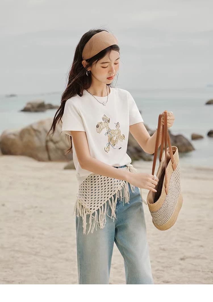 높은 품질 1 1 리브 면 새로운 강아지 디자인 센스 반팔 티셔츠 여성 여름 상세 이미지 8