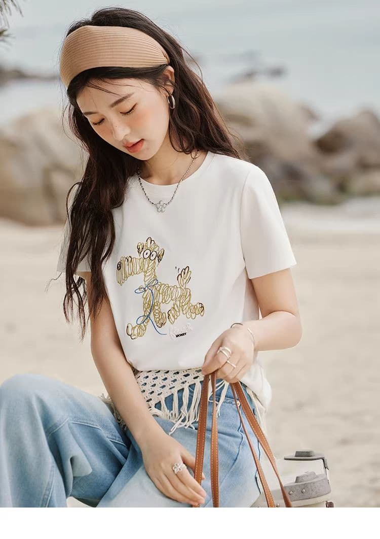 높은 품질 1 1 리브 면 새로운 강아지 디자인 센스 반팔 티셔츠 여성 여름 상세 이미지 10