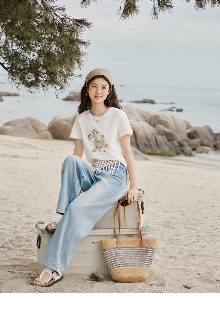 높은 품질 1 1 리브 면 새로운 강아지 디자인 센스 반팔 티셔츠 여성 여름 상세 이미지 11