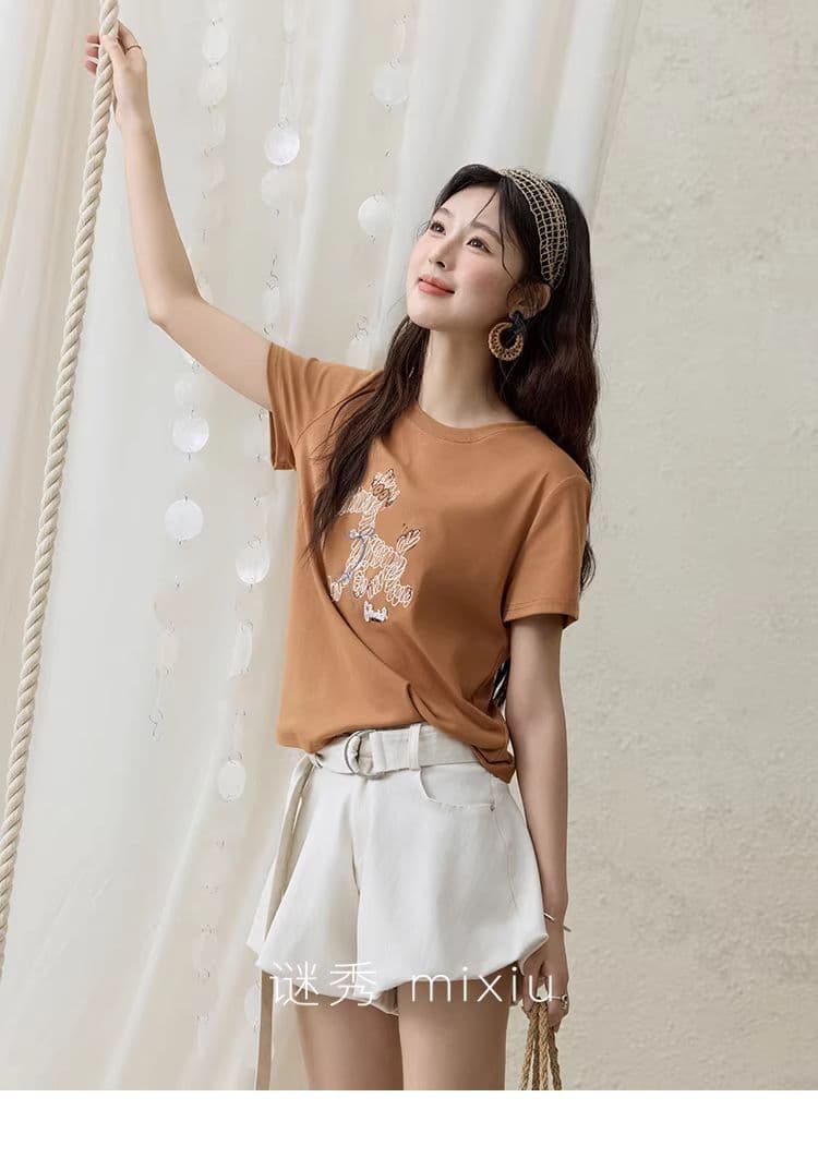 높은 품질 1 1 리브 면 새로운 강아지 디자인 센스 반팔 티셔츠 여성 여름 상세 이미지 12