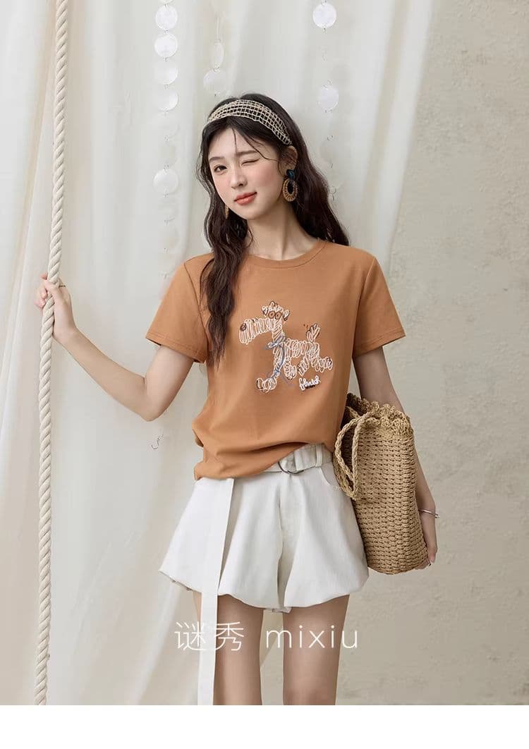 높은 품질 1 1 리브 면 새로운 강아지 디자인 센스 반팔 티셔츠 여성 여름 상세 이미지 13