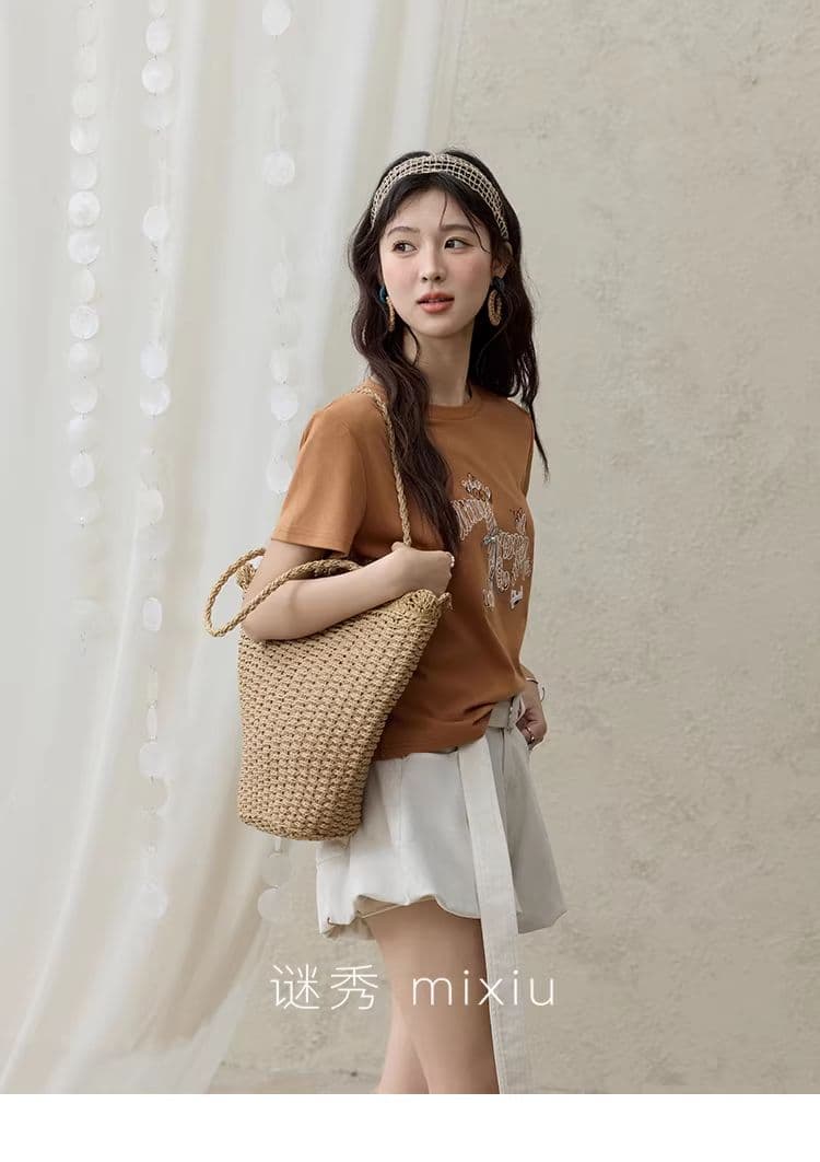 높은 품질 1 1 리브 면 새로운 강아지 디자인 센스 반팔 티셔츠 여성 여름 상세 이미지 18