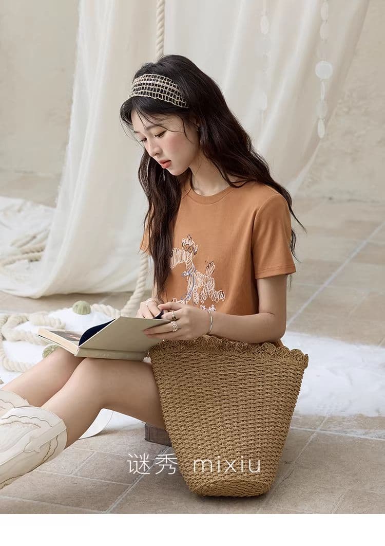 높은 품질 1 1 리브 면 새로운 강아지 디자인 센스 반팔 티셔츠 여성 여름 상세 이미지 19