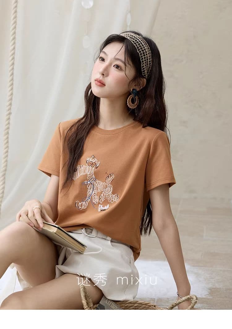 높은 품질 1 1 리브 면 새로운 강아지 디자인 센스 반팔 티셔츠 여성 여름 상세 이미지 20