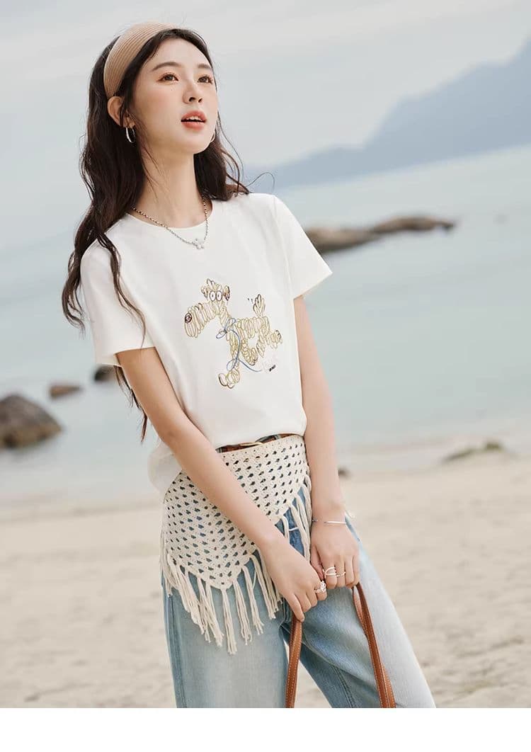 높은 품질 1 1 리브 면 새로운 강아지 디자인 센스 반팔 티셔츠 여성 여름 상세 이미지 22