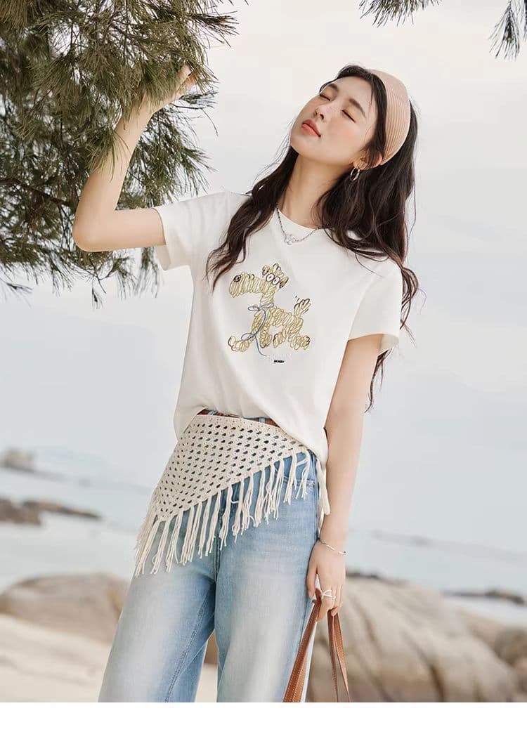높은 품질 1 1 리브 면 새로운 강아지 디자인 센스 반팔 티셔츠 여성 여름 상세 이미지 23