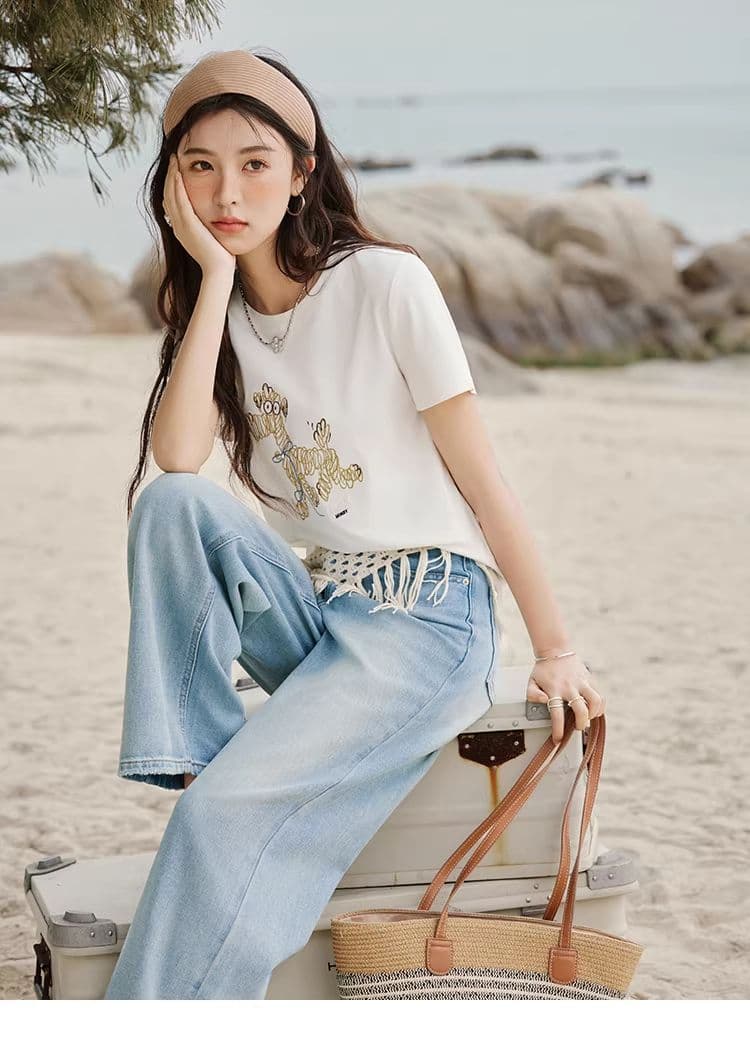 높은 품질 1 1 리브 면 새로운 강아지 디자인 센스 반팔 티셔츠 여성 여름 상세 이미지 25