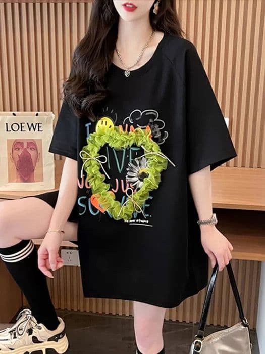 흔들어서 톤 품질 순면 이후 패키지 칼라 루즈핏 측면 트임 하트 레이스 패션 맨위 이미지 3