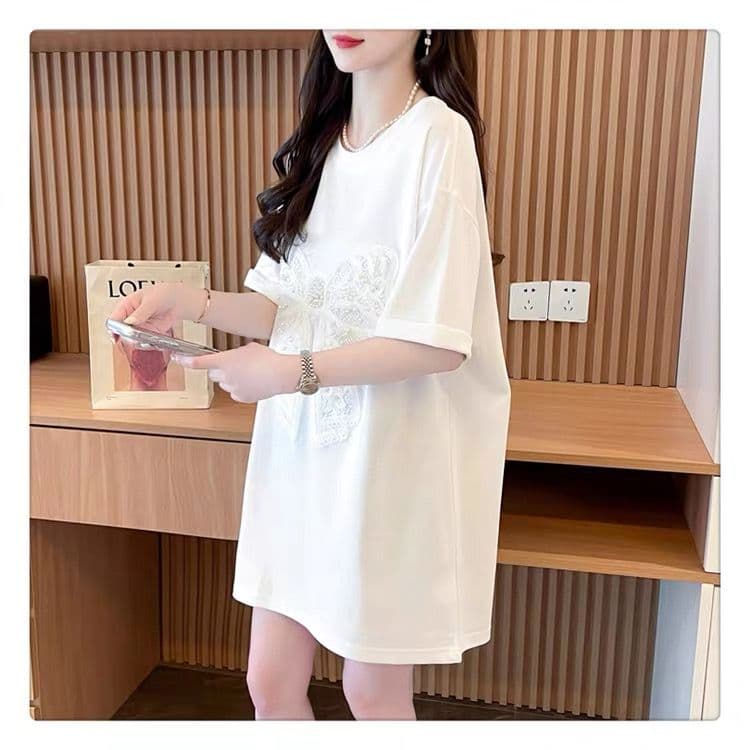 흔들어서 톤 품질 순면 이후 패키지 칼라 루즈핏 빅 사이즈 자수 나비 매듭 맨위 티셔츠 상세 이미지 12