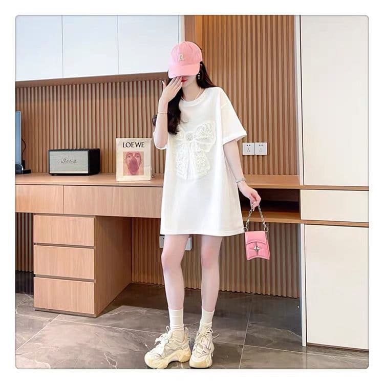 흔들어서 톤 품질 순면 이후 패키지 칼라 루즈핏 빅 사이즈 자수 나비 매듭 맨위 티셔츠 상세 이미지 16