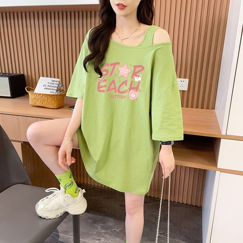 실사 흔들어서 톤 품질 순면 디자인 센스 루즈핏 오프숄더 패션 반팔 t 상세 이미지 2