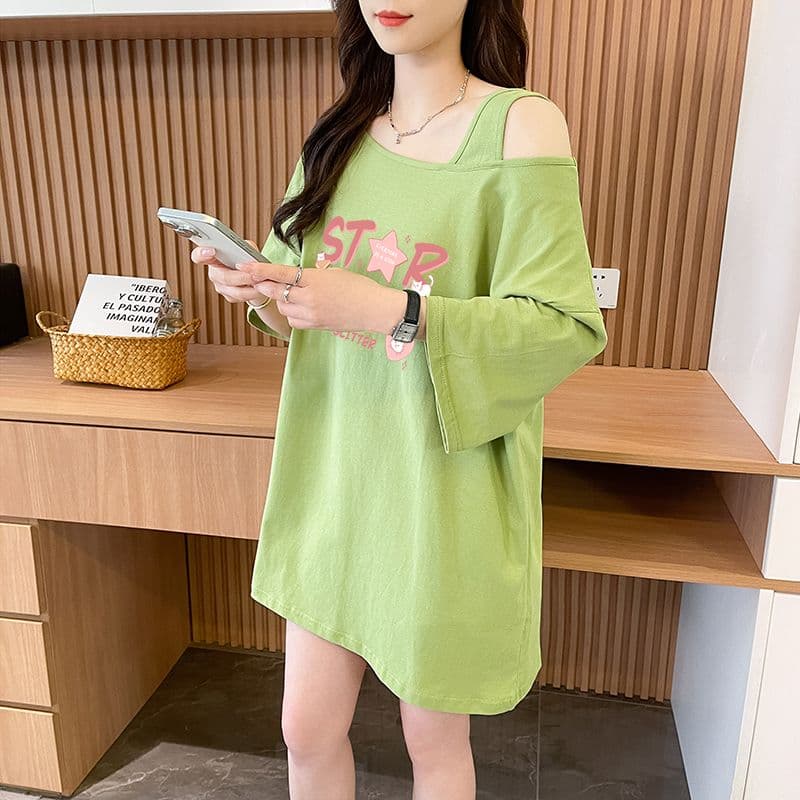 실사 흔들어서 톤 품질 순면 디자인 센스 루즈핏 오프숄더 패션 반팔 t 상세 이미지 3