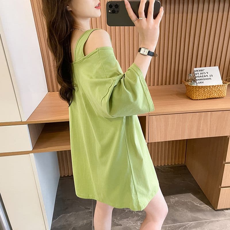 실사 흔들어서 톤 품질 순면 디자인 센스 루즈핏 오프숄더 패션 반팔 t 상세 이미지 5
