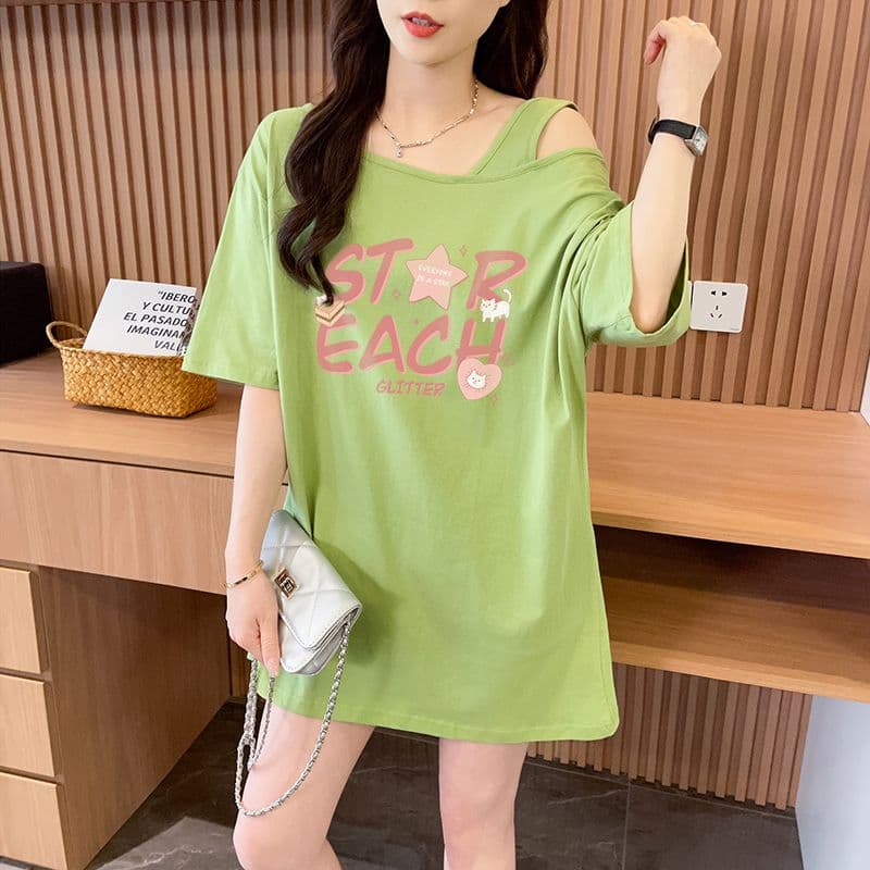 실사 흔들어서 톤 품질 순면 디자인 센스 루즈핏 오프숄더 패션 반팔 t 상세 이미지 6