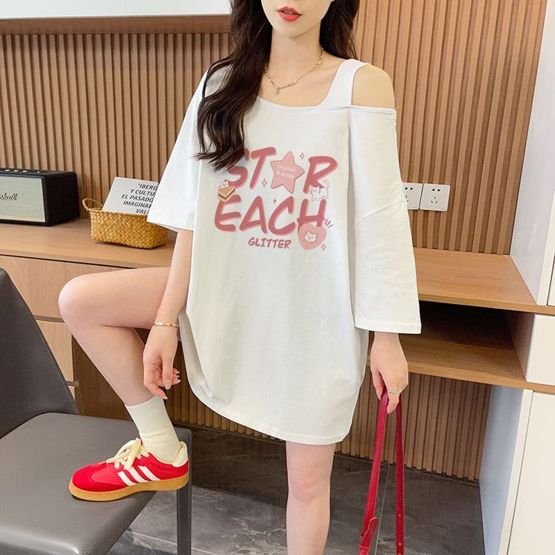 실사 흔들어서 톤 품질 순면 디자인 센스 루즈핏 오프숄더 패션 반팔 t 상세 이미지 8