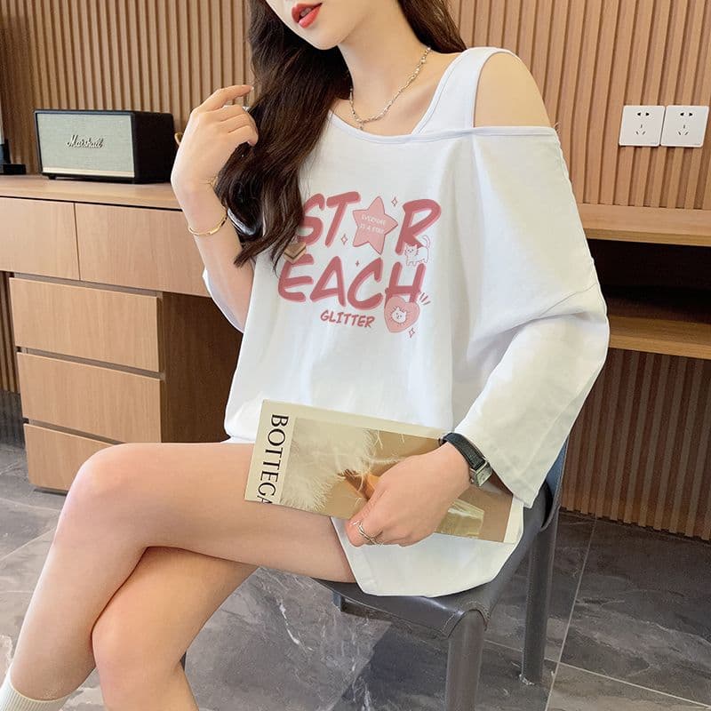 실사 흔들어서 톤 품질 순면 디자인 센스 루즈핏 오프숄더 패션 반팔 t 상세 이미지 12