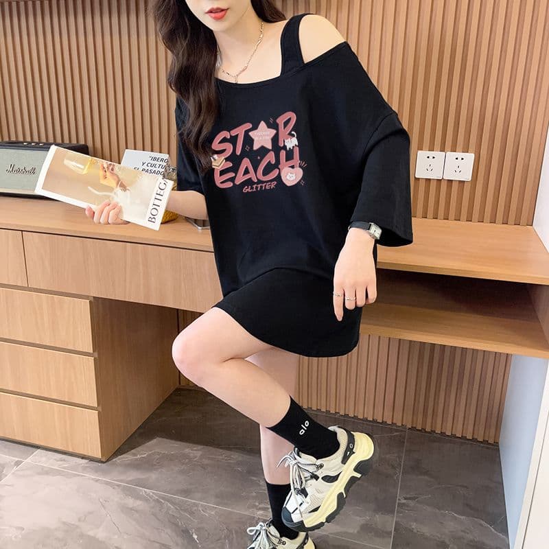 실사 흔들어서 톤 품질 순면 디자인 센스 루즈핏 오프숄더 패션 반팔 t 상세 이미지 18