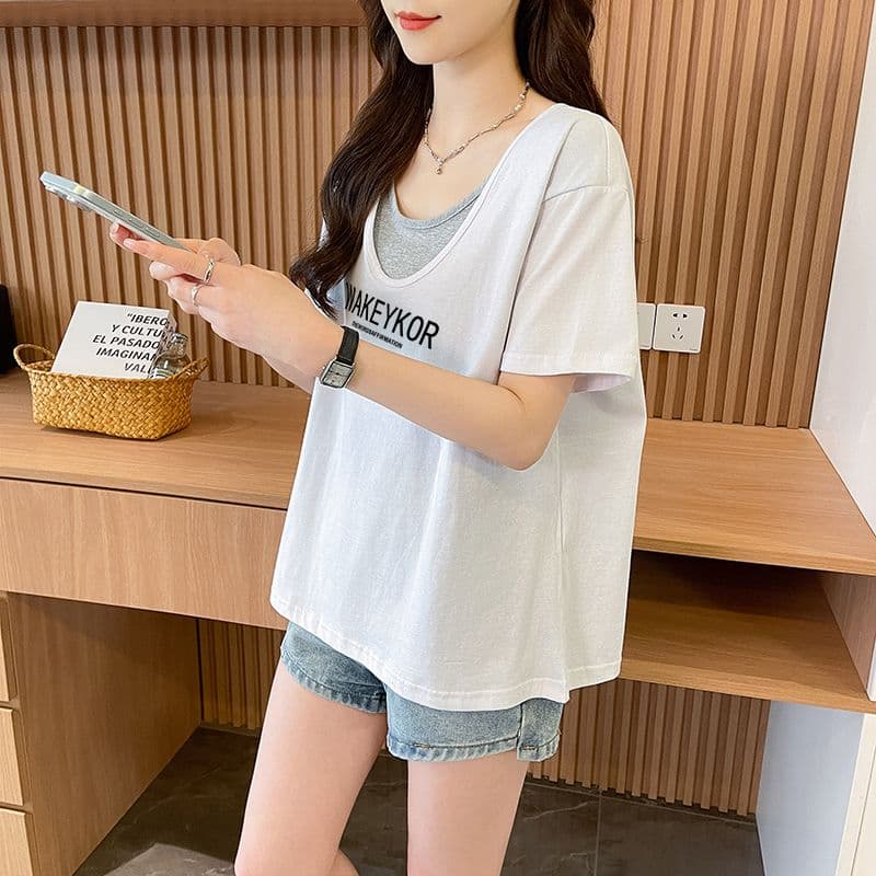 실사 흔들어서 톤 품질 순면 이후 패키지 칼라 루즈핏 페이크 레이어드 배색 디자인 센스 반팔 t 이미지 2