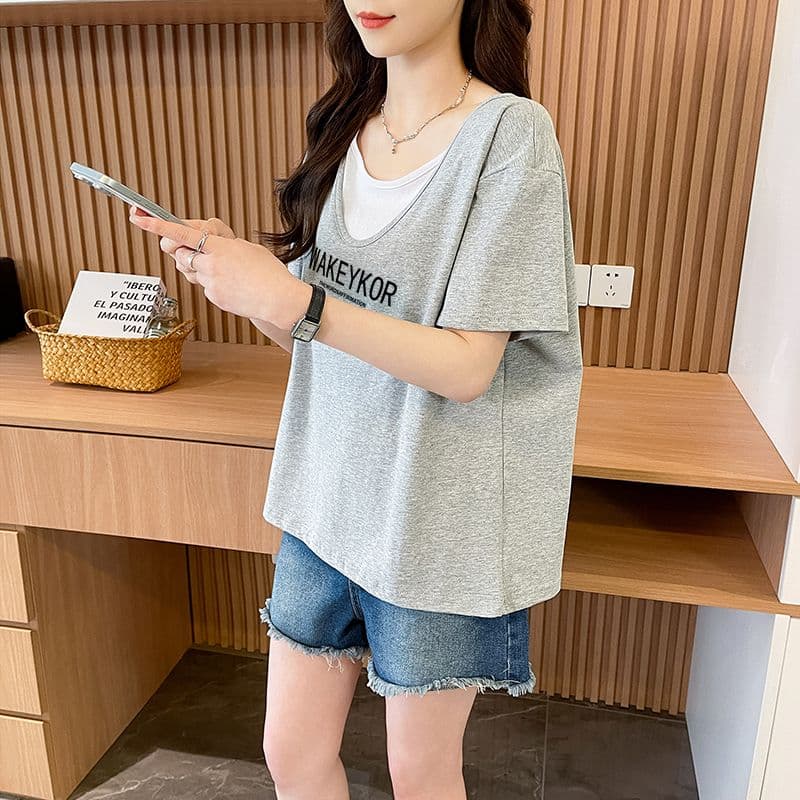 실사 흔들어서 톤 품질 순면 이후 패키지 칼라 루즈핏 페이크 레이어드 배색 디자인 센스 반팔 t
