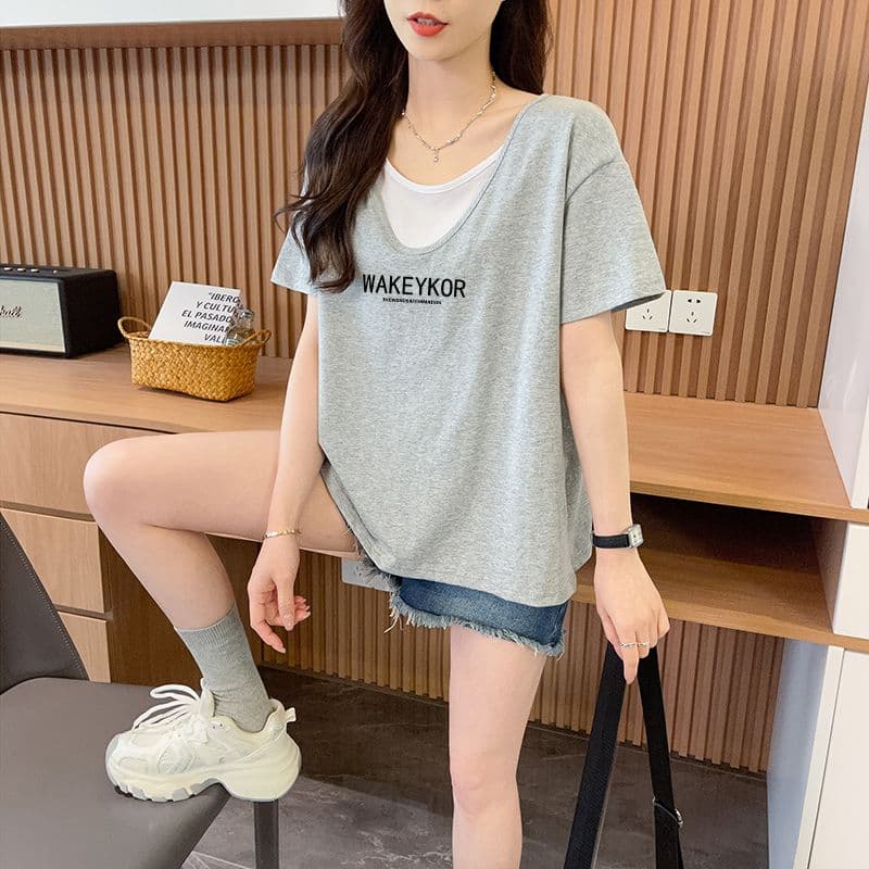 실사 흔들어서 톤 품질 순면 이후 패키지 칼라 루즈핏 페이크 레이어드 배색 디자인 센스 반팔 t 상세 이미지 2
