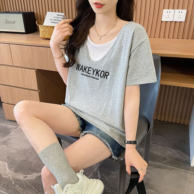 실사 흔들어서 톤 품질 순면 이후 패키지 칼라 루즈핏 페이크 레이어드 배색 디자인 센스 반팔 t 상세 이미지 7