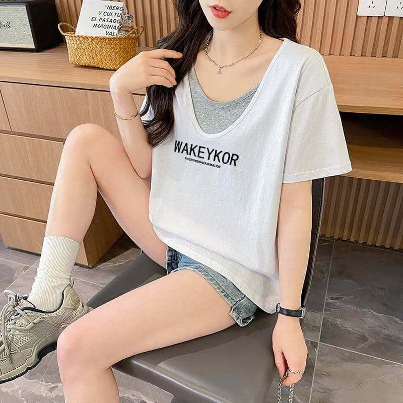 실사 흔들어서 톤 품질 순면 이후 패키지 칼라 루즈핏 페이크 레이어드 배색 디자인 센스 반팔 t 상세 이미지 8