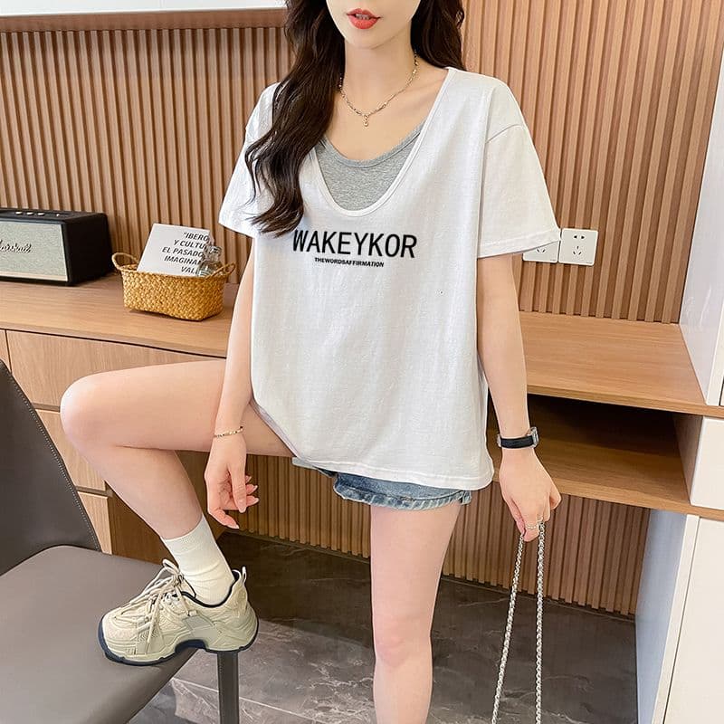 실사 흔들어서 톤 품질 순면 이후 패키지 칼라 루즈핏 페이크 레이어드 배색 디자인 센스 반팔 t 상세 이미지 9