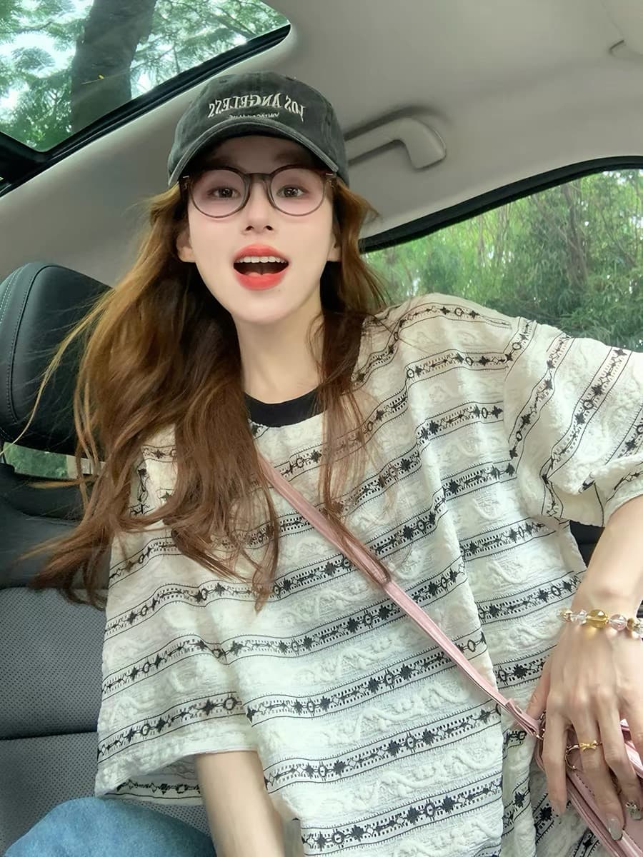 원본 품질 이후 패키지 칼라 빅 사이즈 여성 의류 스트라이프 여름 자카드 반팔 티셔츠 여성 상세 이미지 4