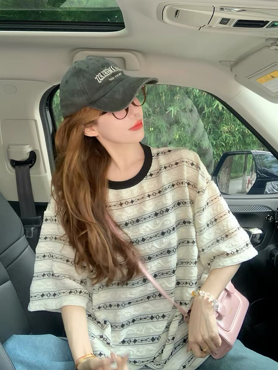 원본 품질 이후 패키지 칼라 빅 사이즈 여성 의류 스트라이프 여름 자카드 반팔 티셔츠 여성 상세 이미지 5