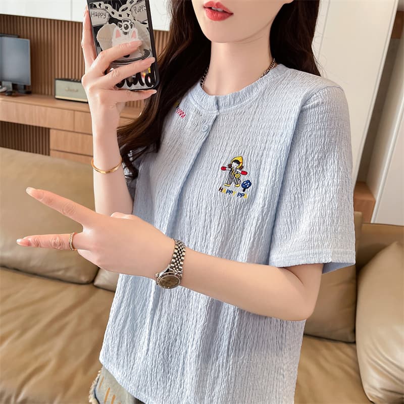 실사 반팔 티셔츠 여성 여름 새로운 루즈핏 패션 다용도 외국 가스 라운드 넥 단추 맨위 서비스 ins 트렌디 상세 이미지 7