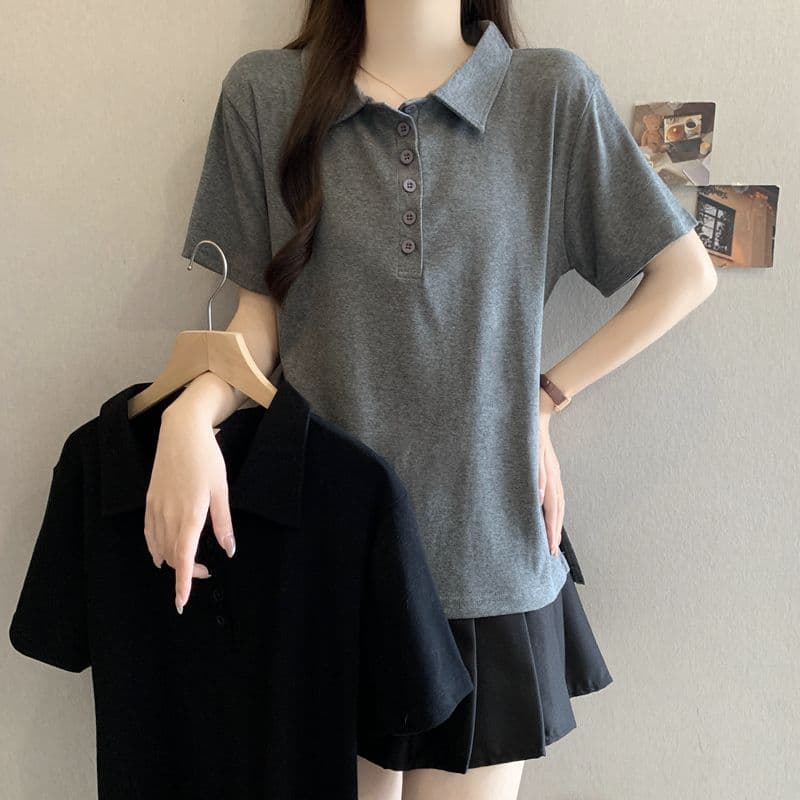 실사 92 면 POLO 칼라 몸매 가꾸기 긍정적 인 어깨 반팔 티셔츠 여성 슬림해 보이는 표지 고기 트임 맨위