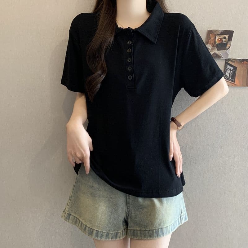 실사 92 면 POLO 칼라 몸매 가꾸기 긍정적 인 어깨 반팔 티셔츠 여성 슬림해 보이는 표지 고기 트임 맨위 이미지 2