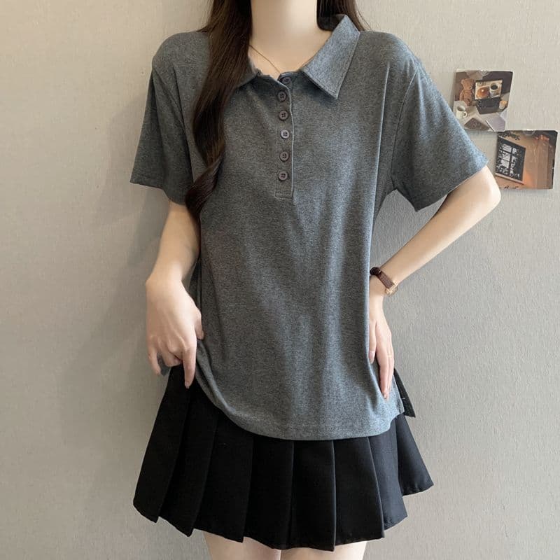 실사 92 면 POLO 칼라 몸매 가꾸기 긍정적 인 어깨 반팔 티셔츠 여성 슬림해 보이는 표지 고기 트임 맨위 이미지 3