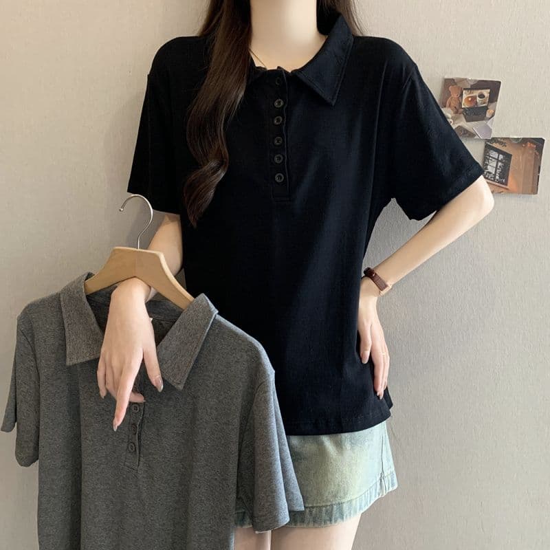 실사 92 면 POLO 칼라 몸매 가꾸기 긍정적 인 어깨 반팔 티셔츠 여성 슬림해 보이는 표지 고기 트임 맨위 이미지 4