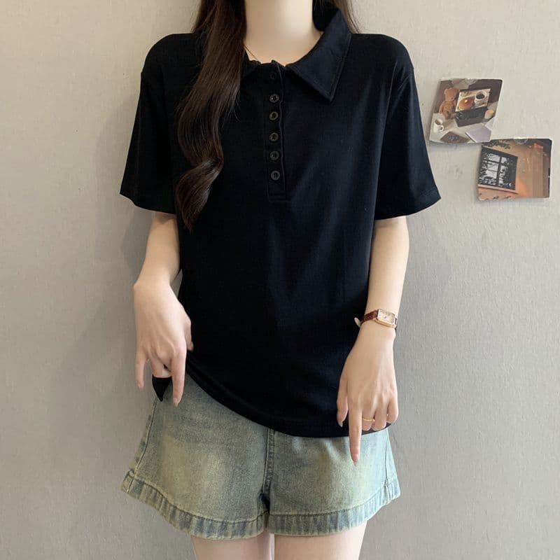 실사 92 면 POLO 칼라 몸매 가꾸기 긍정적 인 어깨 반팔 티셔츠 여성 슬림해 보이는 표지 고기 트임 맨위 상세 이미지 4