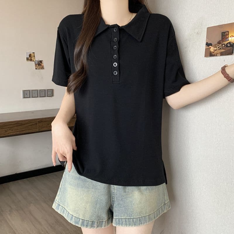 실사 92 면 POLO 칼라 몸매 가꾸기 긍정적 인 어깨 반팔 티셔츠 여성 슬림해 보이는 표지 고기 트임 맨위 상세 이미지 5