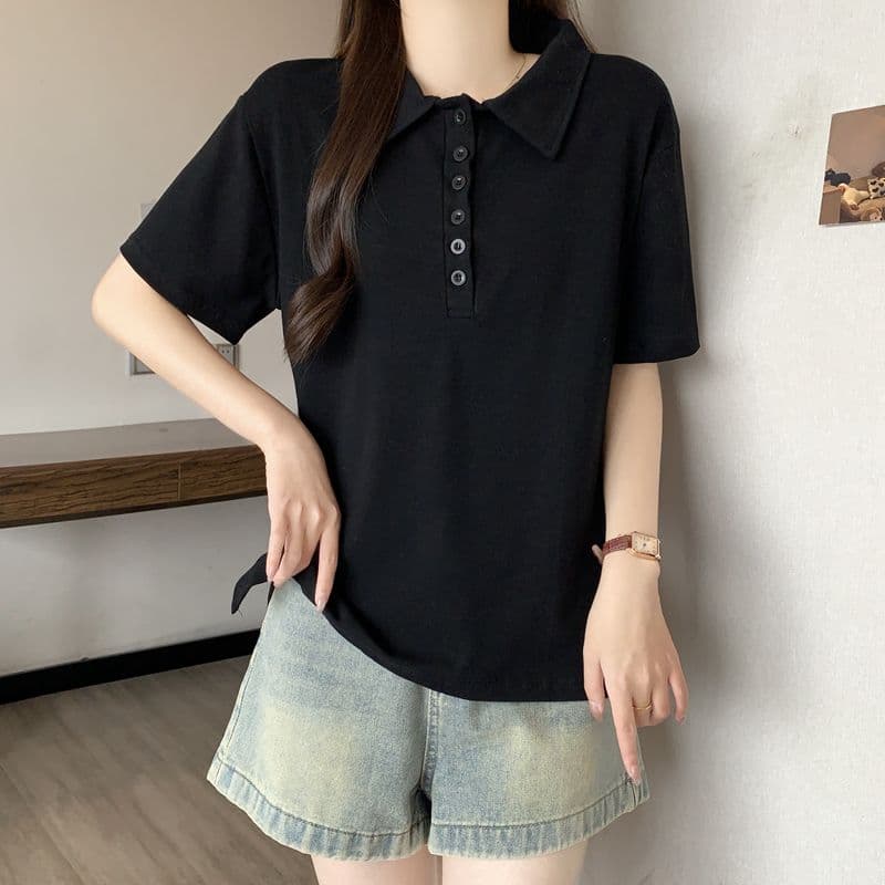 실사 92 면 POLO 칼라 몸매 가꾸기 긍정적 인 어깨 반팔 티셔츠 여성 슬림해 보이는 표지 고기 트임 맨위 상세 이미지 6