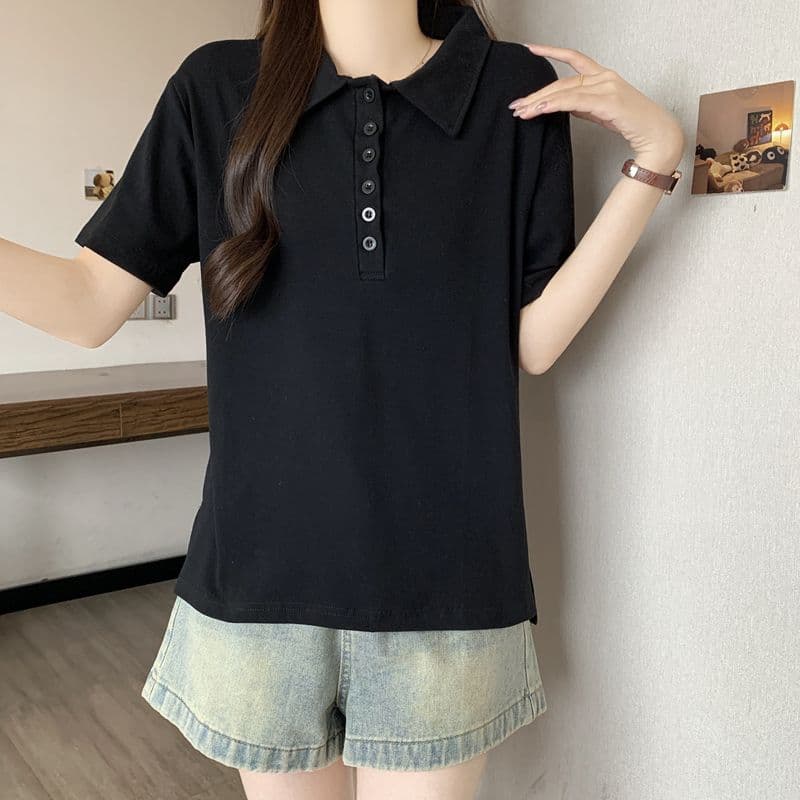 실사 92 면 POLO 칼라 몸매 가꾸기 긍정적 인 어깨 반팔 티셔츠 여성 슬림해 보이는 표지 고기 트임 맨위 상세 이미지 7