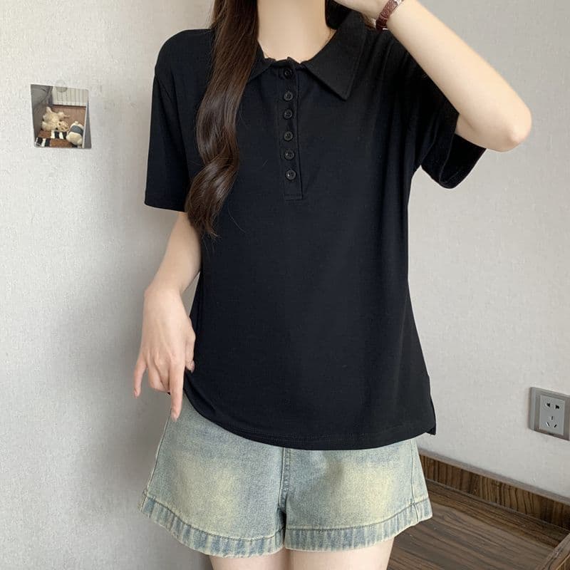 실사 92 면 POLO 칼라 몸매 가꾸기 긍정적 인 어깨 반팔 티셔츠 여성 슬림해 보이는 표지 고기 트임 맨위 상세 이미지 8
