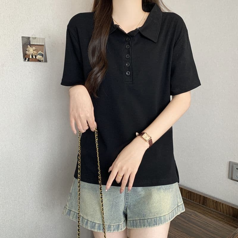 실사 92 면 POLO 칼라 몸매 가꾸기 긍정적 인 어깨 반팔 티셔츠 여성 슬림해 보이는 표지 고기 트임 맨위 상세 이미지 9