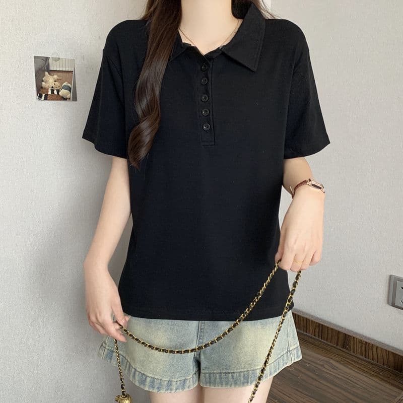 실사 92 면 POLO 칼라 몸매 가꾸기 긍정적 인 어깨 반팔 티셔츠 여성 슬림해 보이는 표지 고기 트임 맨위 상세 이미지 10