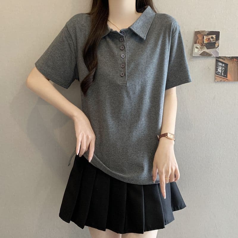 실사 92 면 POLO 칼라 몸매 가꾸기 긍정적 인 어깨 반팔 티셔츠 여성 슬림해 보이는 표지 고기 트임 맨위 상세 이미지 13