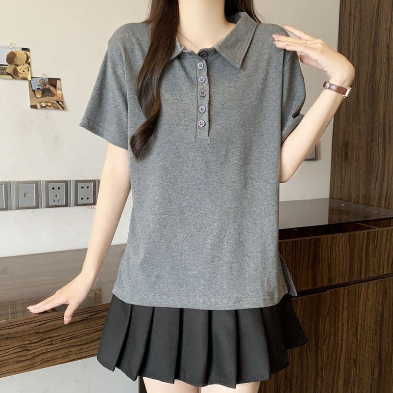 실사 92 면 POLO 칼라 몸매 가꾸기 긍정적 인 어깨 반팔 티셔츠 여성 슬림해 보이는 표지 고기 트임 맨위 상세 이미지 14