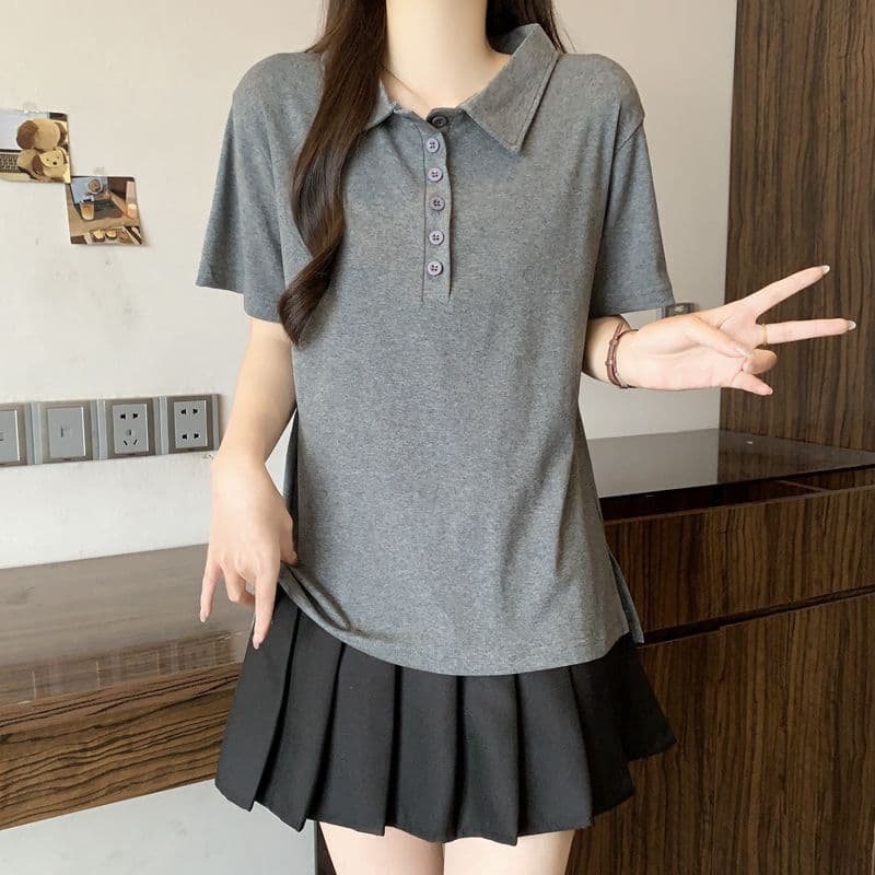 실사 92 면 POLO 칼라 몸매 가꾸기 긍정적 인 어깨 반팔 티셔츠 여성 슬림해 보이는 표지 고기 트임 맨위 상세 이미지 15