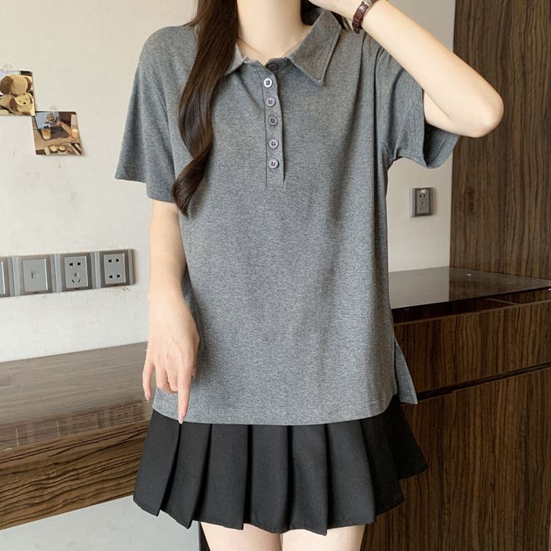 실사 92 면 POLO 칼라 몸매 가꾸기 긍정적 인 어깨 반팔 티셔츠 여성 슬림해 보이는 표지 고기 트임 맨위 상세 이미지 16