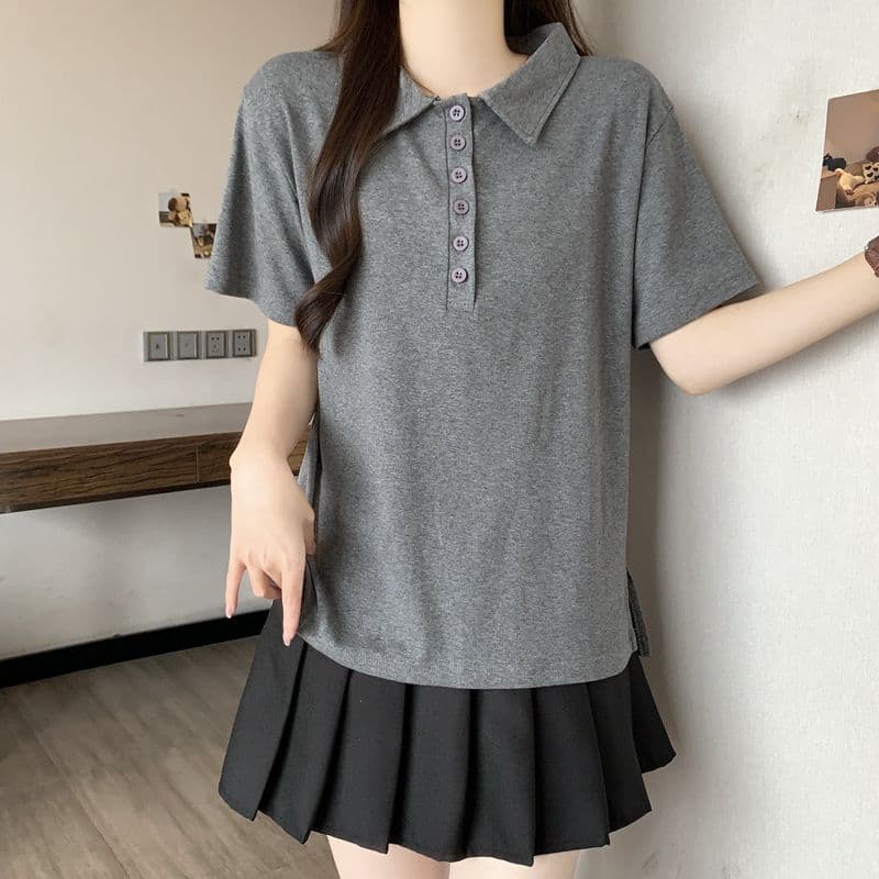 실사 92 면 POLO 칼라 몸매 가꾸기 긍정적 인 어깨 반팔 티셔츠 여성 슬림해 보이는 표지 고기 트임 맨위 상세 이미지 17