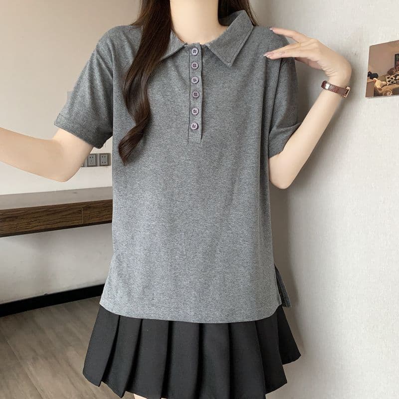 실사 92 면 POLO 칼라 몸매 가꾸기 긍정적 인 어깨 반팔 티셔츠 여성 슬림해 보이는 표지 고기 트임 맨위 상세 이미지 18